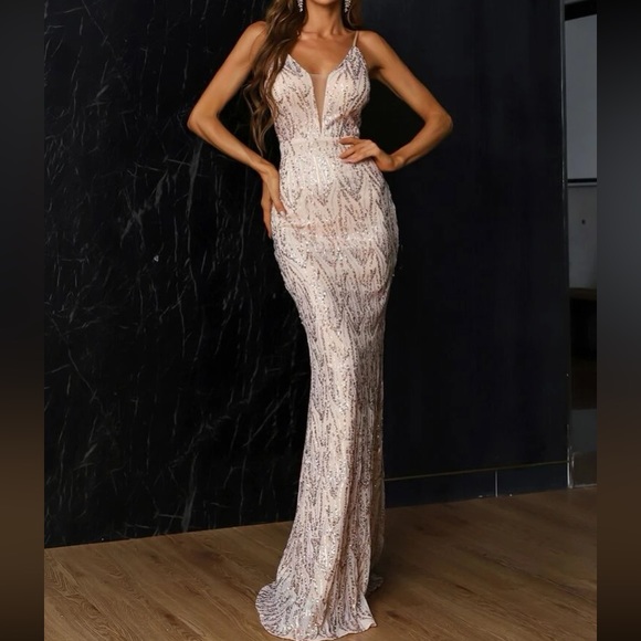 Luxe mesh insert mermaid hem sequins party formal prom gown dress champagne - Picture 2 of 8